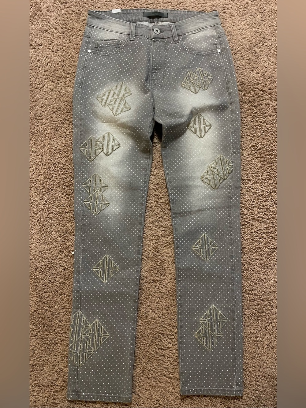 KDNK Men's Gray Skinny Jeans with Embroidered Diamond Accents